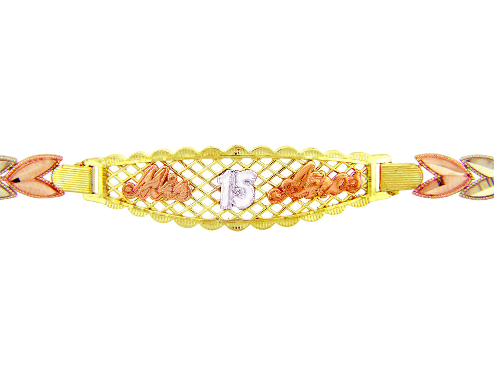 Tri-Color Gold 15 Años Quinceañera Milgrain Heart Link Bracelet