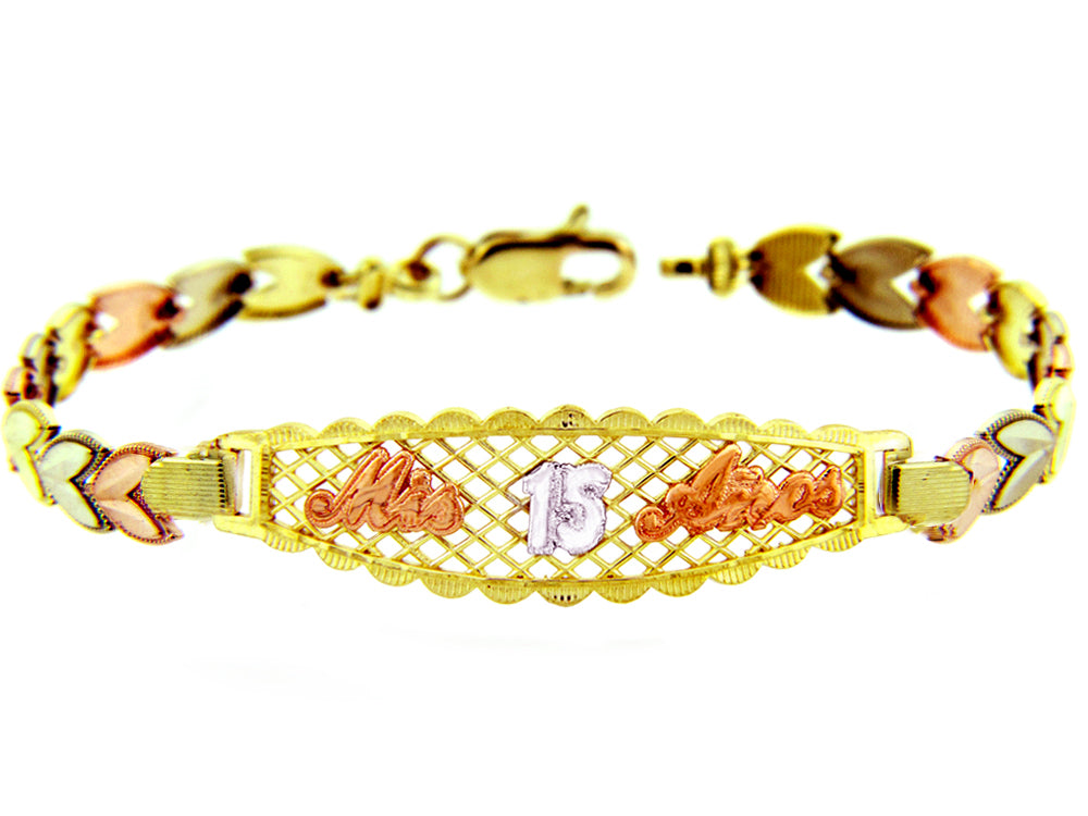 Tri-Color Gold 15 Años Quinceañera Milgrain Heart Link Bracelet, view 3