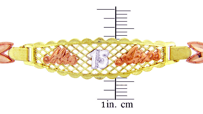 Tri-Color Gold 15 Años Quinceañera Milgrain Heart Link Bracelet, view 4