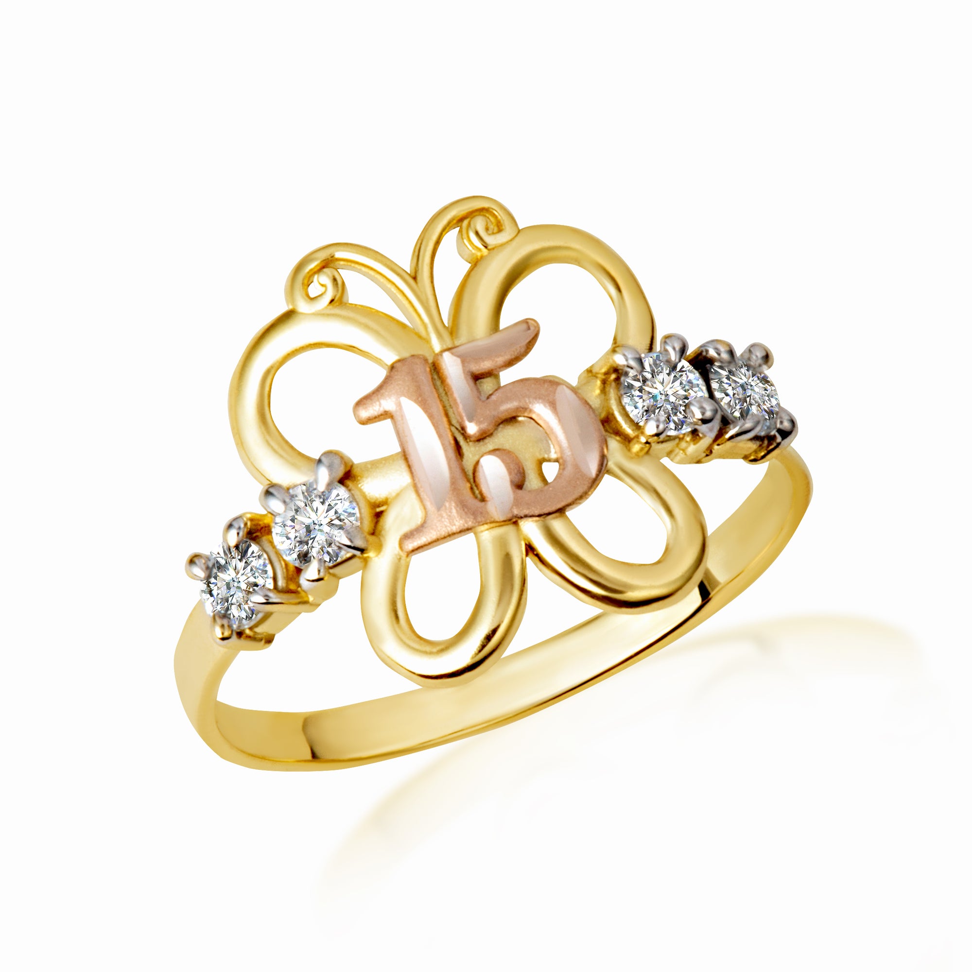 Tri-Color Gold Cubic Zirconia 15 Años Butterfly Quinceañera Ring