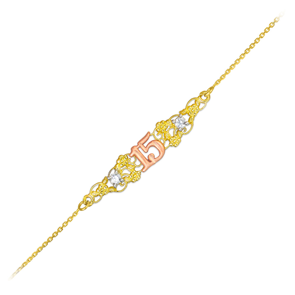Tri-Color Gold Cubic Zirconia 15 Años Flower Filigree Quinceañera Bracelet