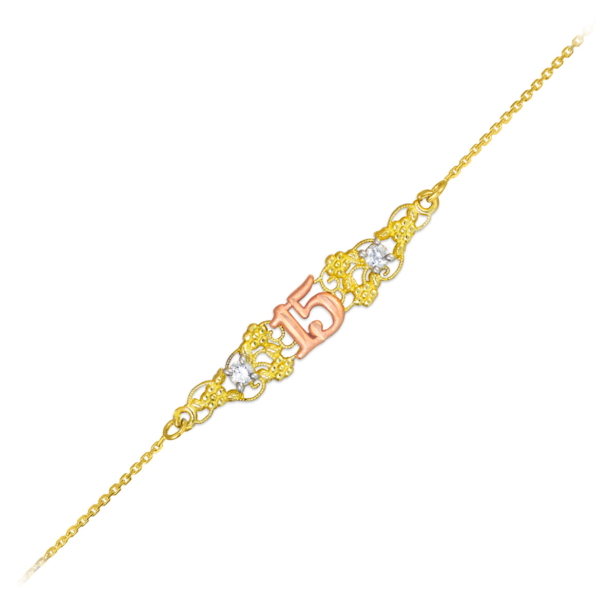 Tri-Color Gold Cubic Zirconia 15 Años Flower Filigree Quinceañera Bracelet