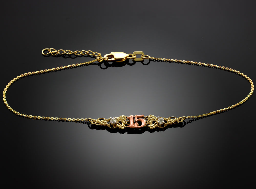 Tri-Color Gold Cubic Zirconia 15 Años Flower Filigree Quinceañera Bracelet, view 2