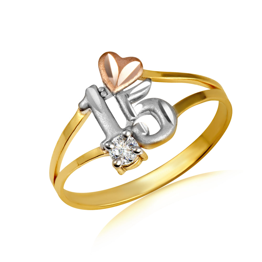 Tri-Color Gold Cubic Zirconia 15 Años Heart Quinceañera Diamond Cut Ring