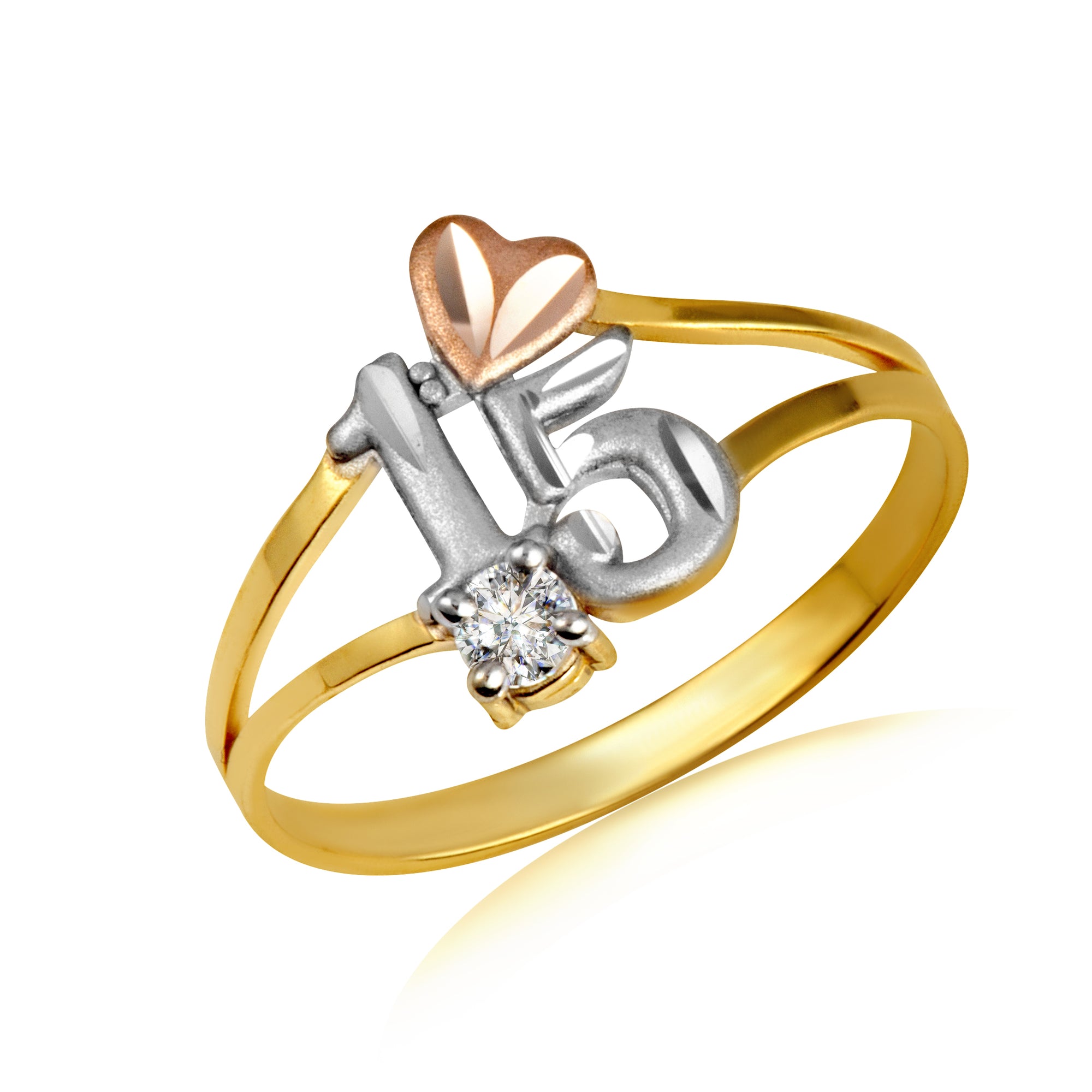 Tri-Color Gold Cubic Zirconia 15 Años Heart Quinceañera Diamond Cut Ring