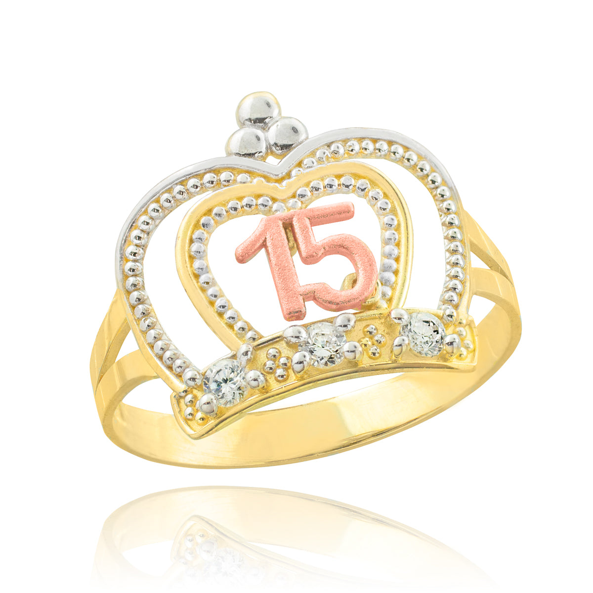 Tri-Color Gold Cubic Zirconia Crown 15 Años Quinceañera Beaded Ring