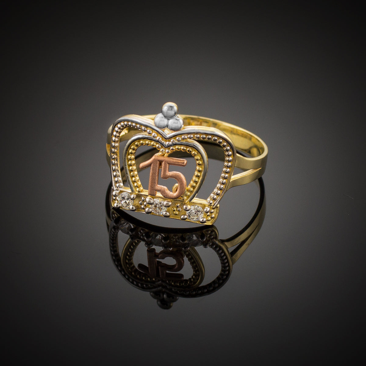 Tri-Color Gold Cubic Zirconia Crown 15 Años Quinceañera Beaded Ring, view 2