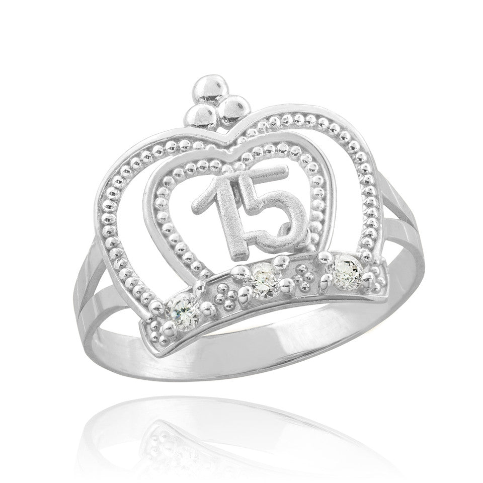 Tri-Color Gold Cubic Zirconia Crown 15 Años Quinceañera Beaded Ring, view 3
