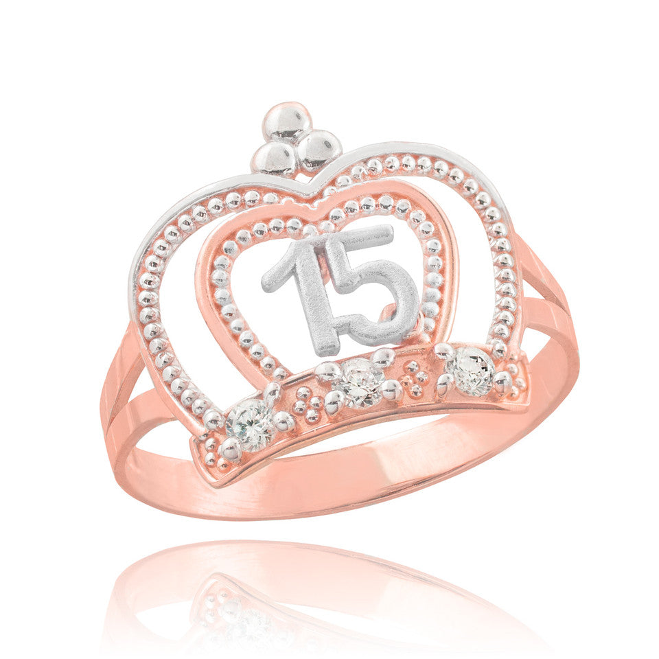 Tri-Color Gold Cubic Zirconia Crown 15 Años Quinceañera Beaded Ring, view 4