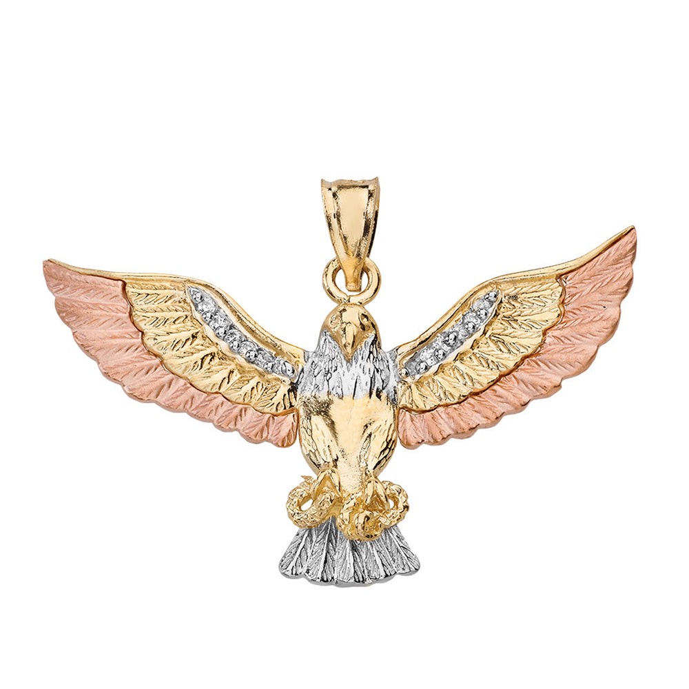 Tri-Color Gold Cubic Zirconia Eagle Textured Pendant Necklace