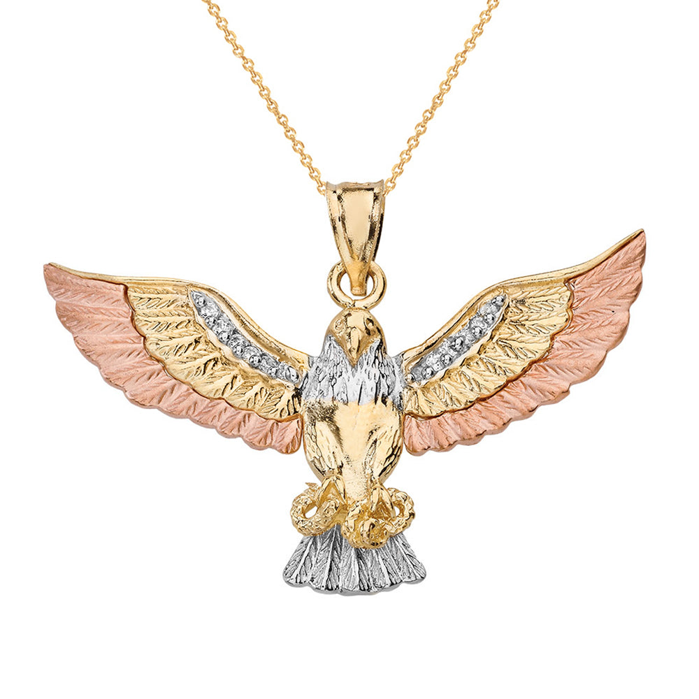 Tri-Color Gold Cubic Zirconia Eagle Textured Pendant Necklace, view 2