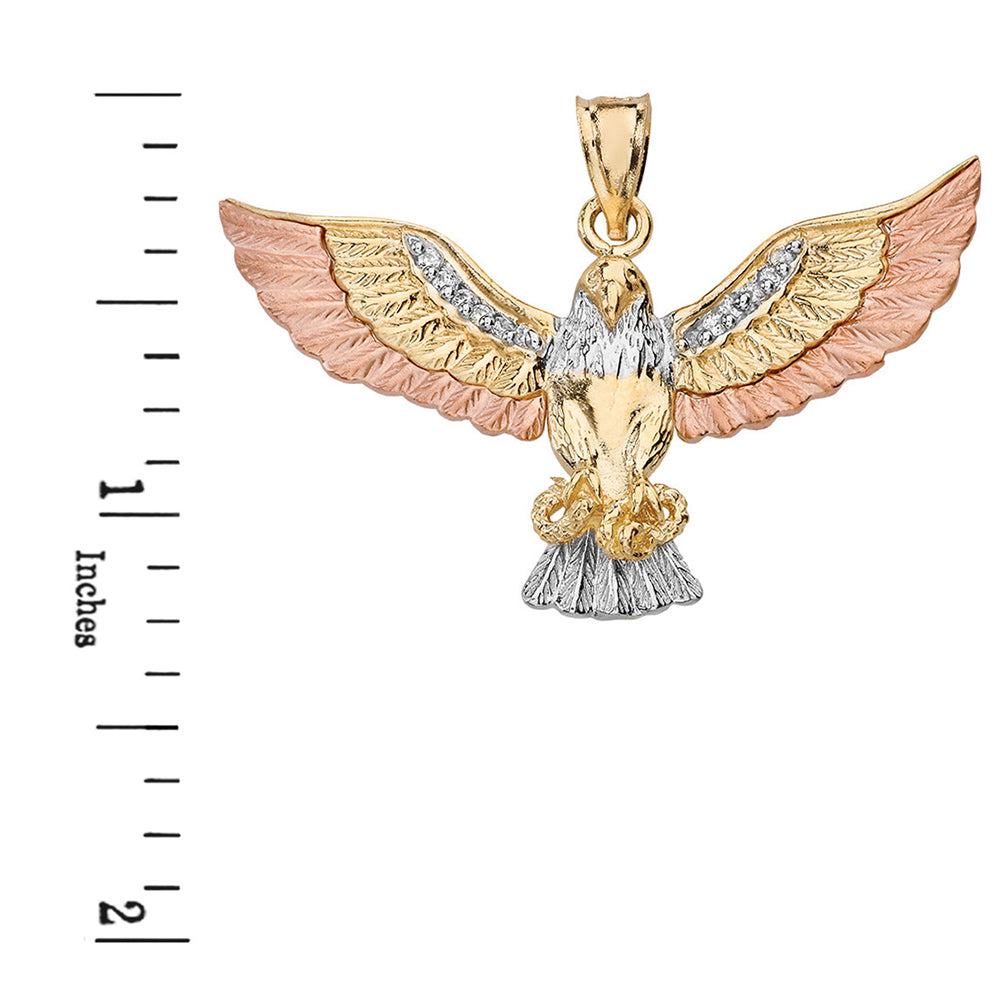 Tri-Color Gold Cubic Zirconia Eagle Textured Pendant Necklace, view 3