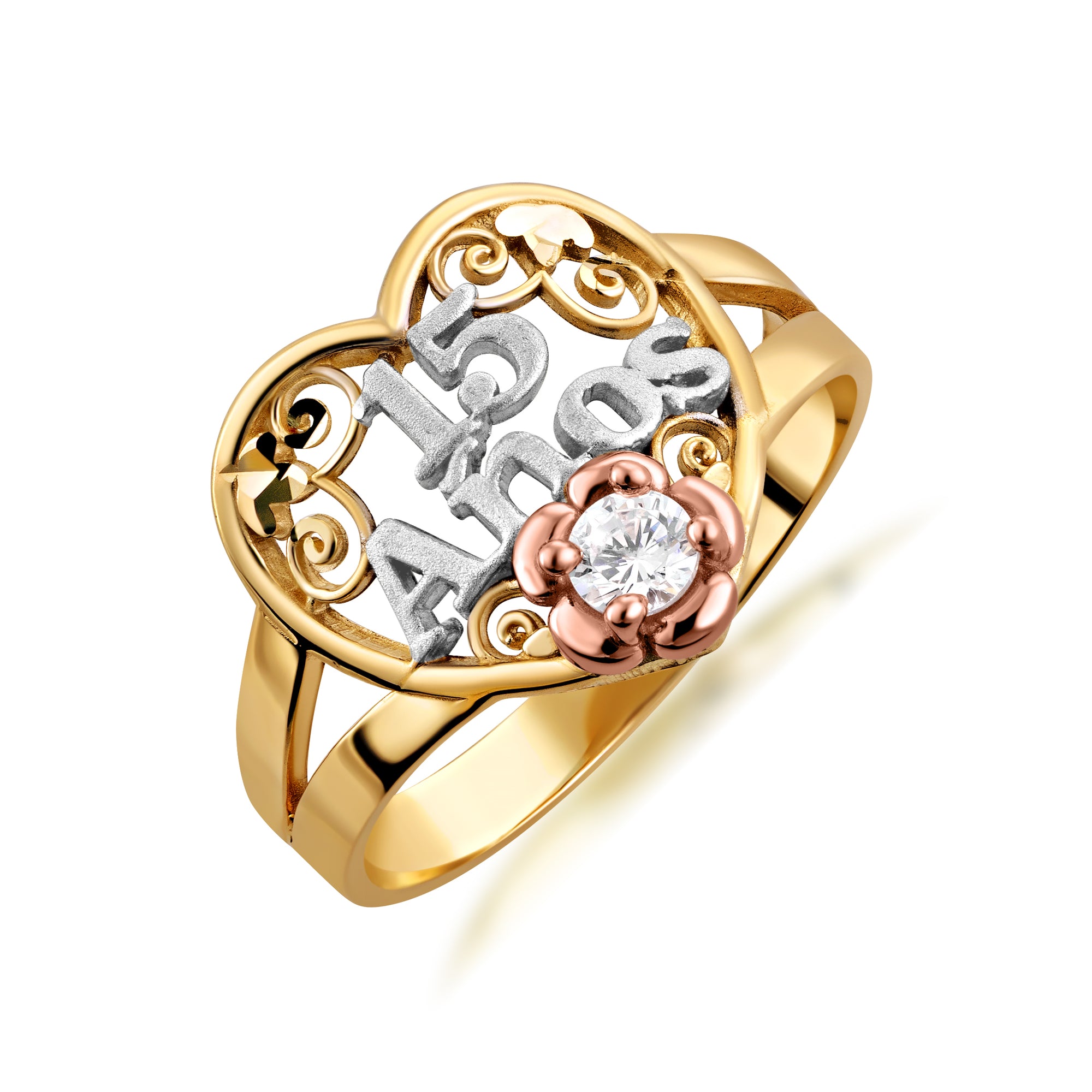 Tri-Color Gold Cubic Zirconia Heart 15 Años Flower Quinceañera Filigree Ring