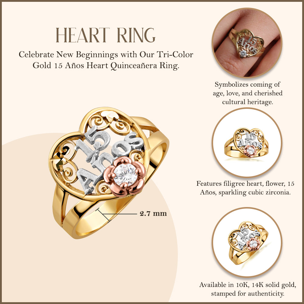 Tri-Color Gold Cubic Zirconia Heart 15 Años Flower Quinceañera Filigree Ring, view 3
