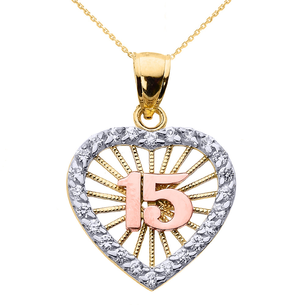 Tri-Color Gold Cubic Zirconia Heart Halo 15 Años Quinceañera Pendant Necklace