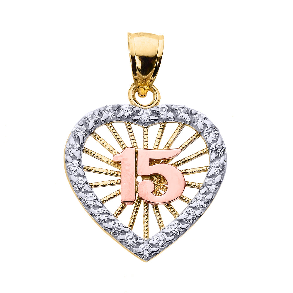 Tri-Color Gold Cubic Zirconia Heart Halo 15 Años Quinceañera Pendant Necklace, view 2