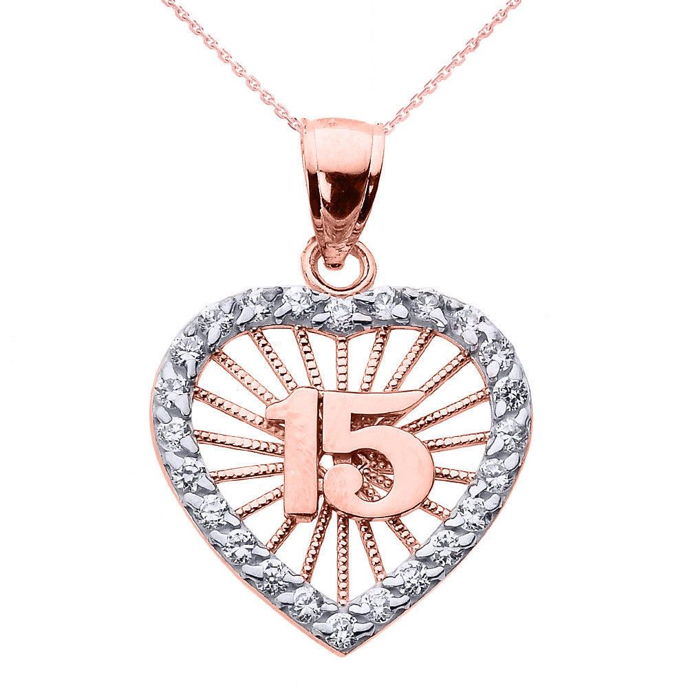 Tri-Color Gold Cubic Zirconia Heart Halo 15 Años Quinceañera Pendant Necklace, view 3