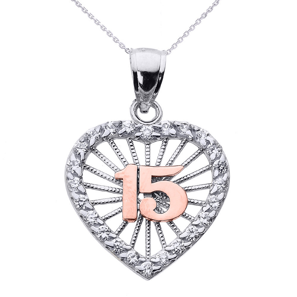 Tri-Color Gold Cubic Zirconia Heart Halo 15 Años Quinceañera Pendant Necklace, view 4