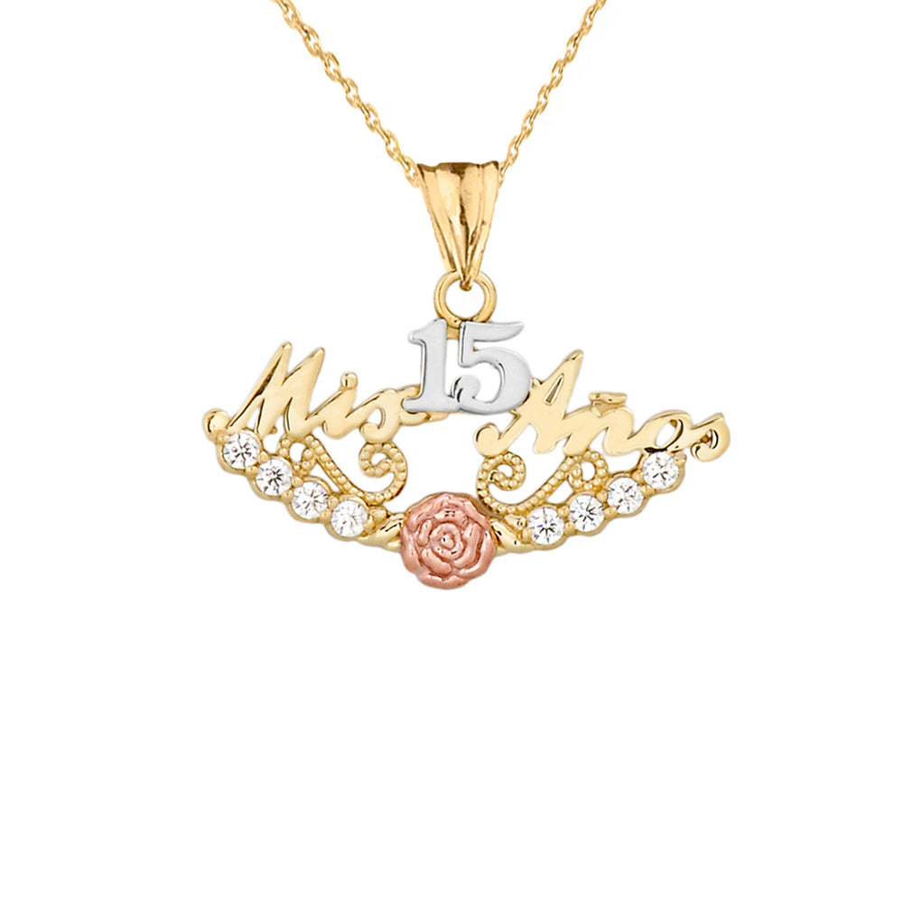 Tri-Color Gold Cubic Zirconia Mis 15 Años Flower Quinceañera Pendant Necklace