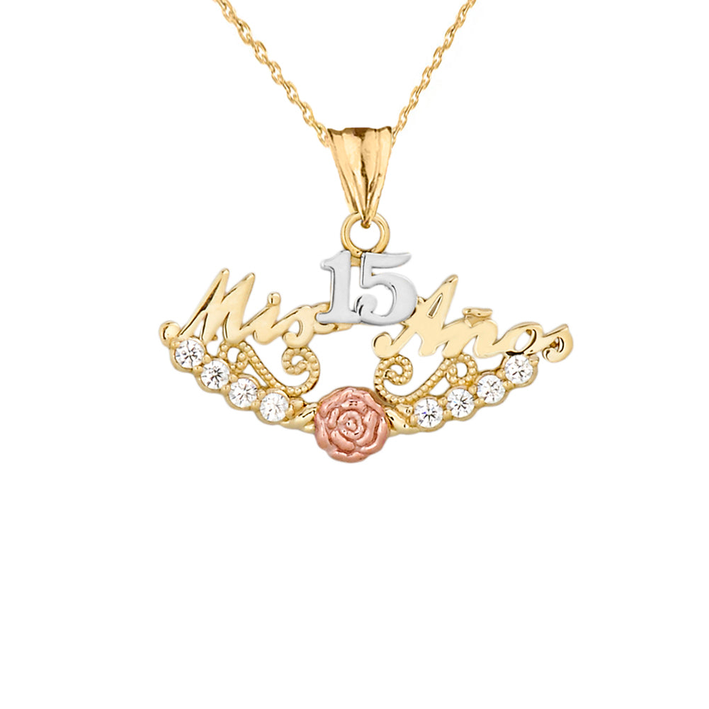 Tri-Color Gold Cubic Zirconia Mis 15 Años Flower Quinceañera Pendant Necklace