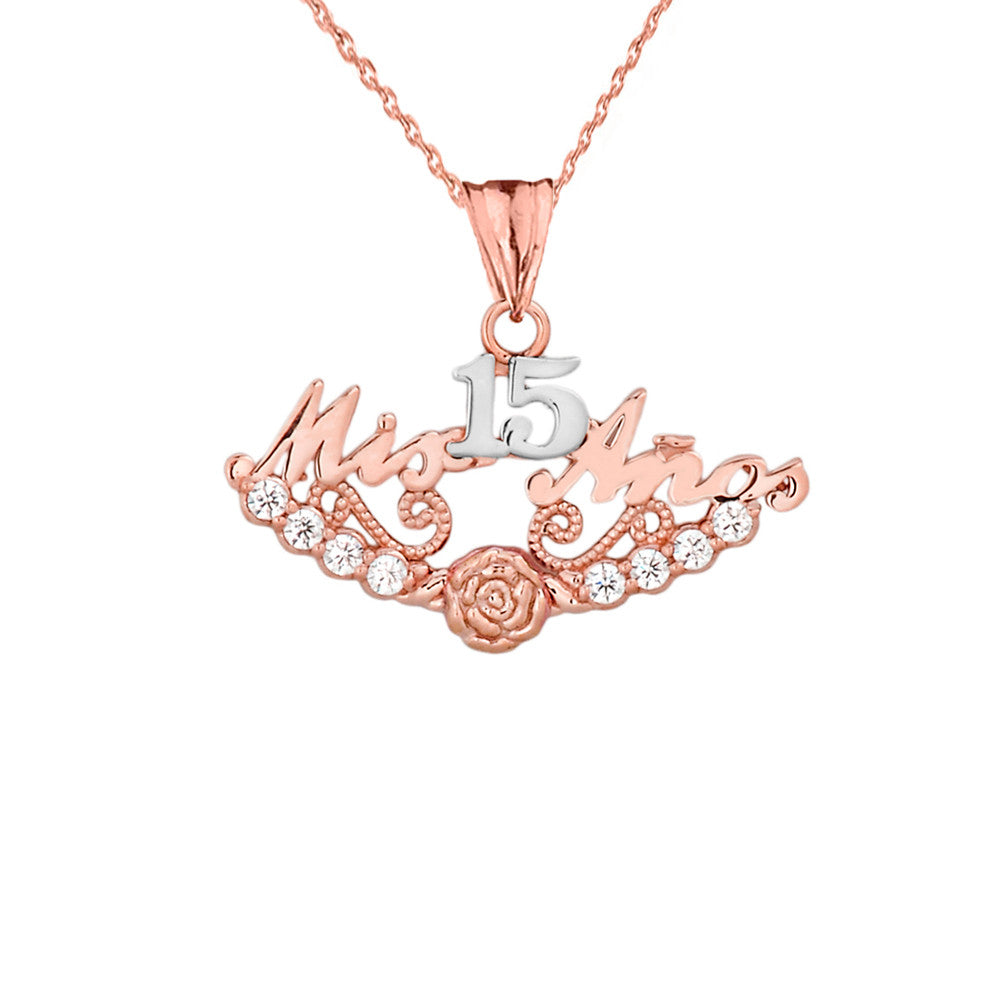 Tri-Color Gold Cubic Zirconia Mis 15 Años Flower Quinceañera Pendant Necklace, view 3
