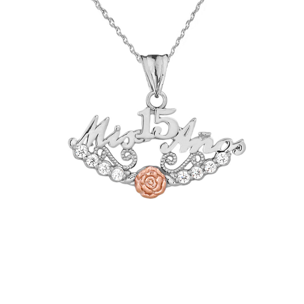 Tri-Color Gold Cubic Zirconia Mis 15 Años Flower Quinceañera Pendant Necklace, view 4
