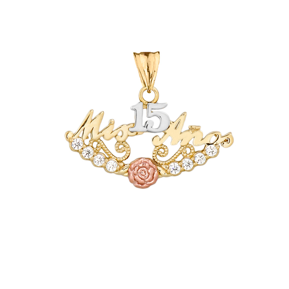 Tri-Color Gold Cubic Zirconia Mis 15 Años Flower Quinceañera Pendant Necklace, view 5