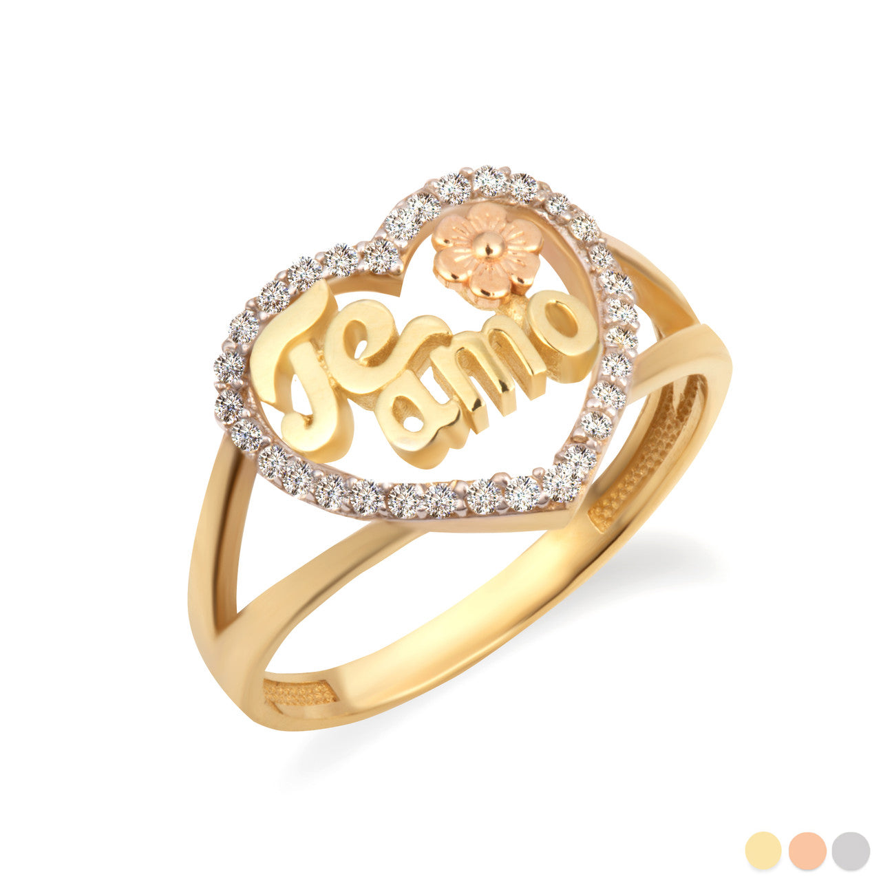 Tri-Color Gold Cubic Zirconia Te Amo Flower Heart Love Ring