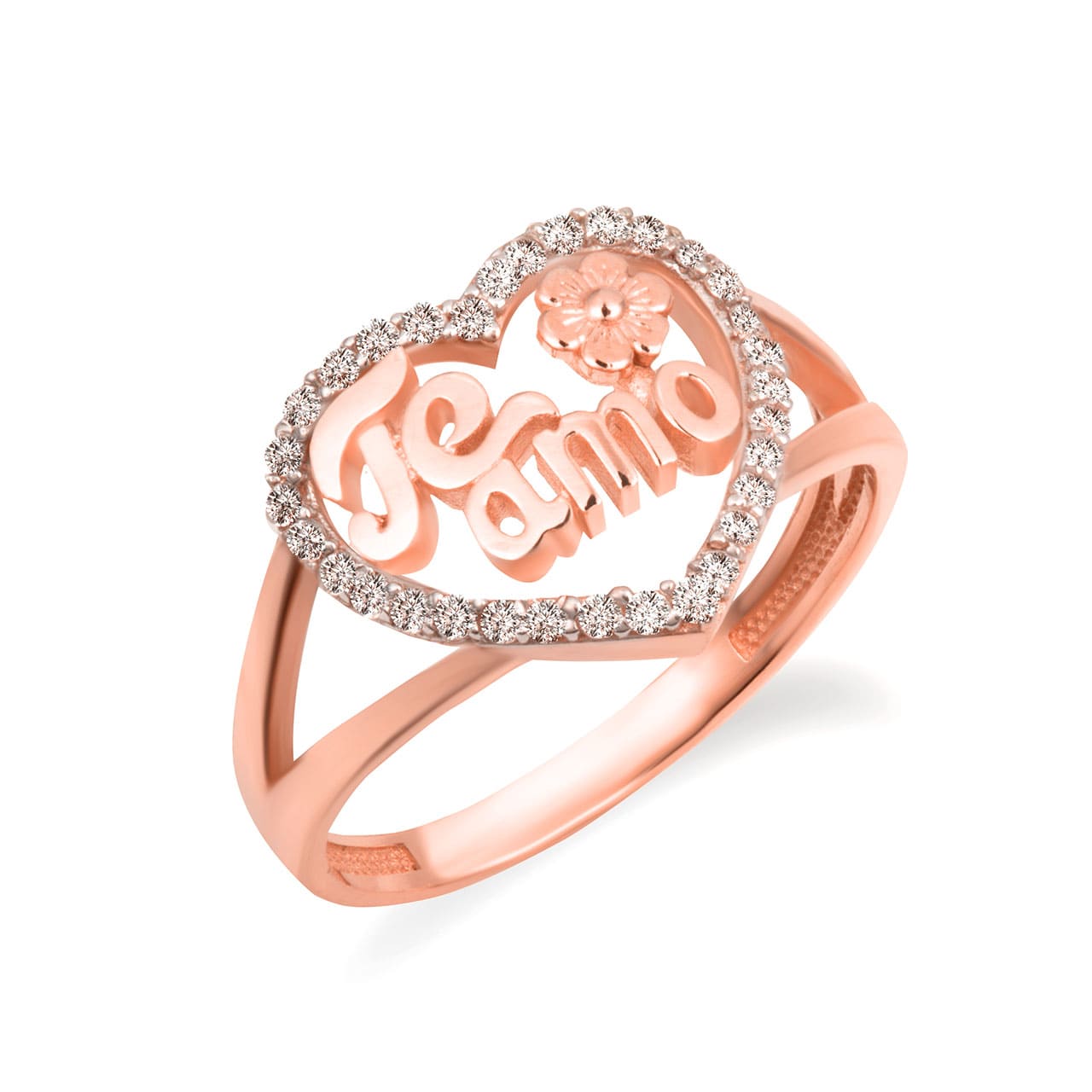 Tri-Color Gold Cubic Zirconia Te Amo Flower Heart Love Ring, view 3