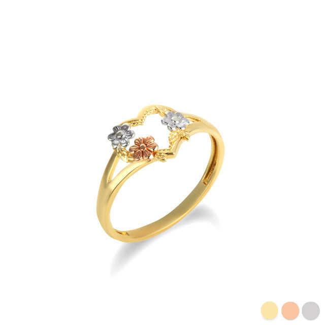 Tri-Color Gold Daisy Flower Heart Ring, view 2