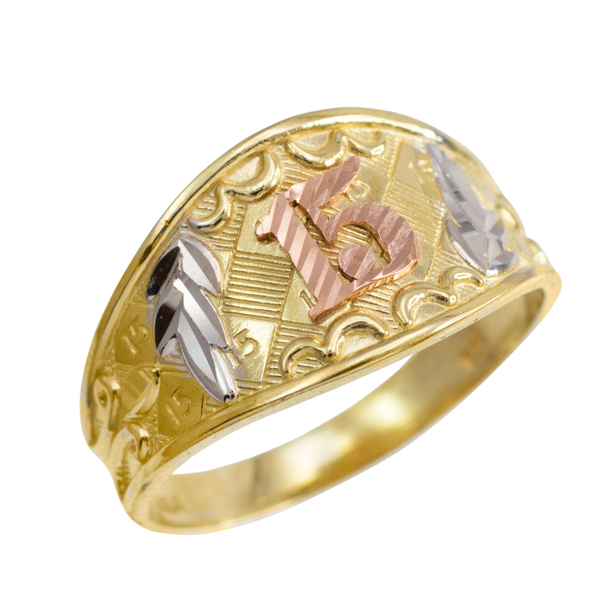 Tri-Color Gold Diamond Cut 15 Años Quinceañera Textured Band Ring