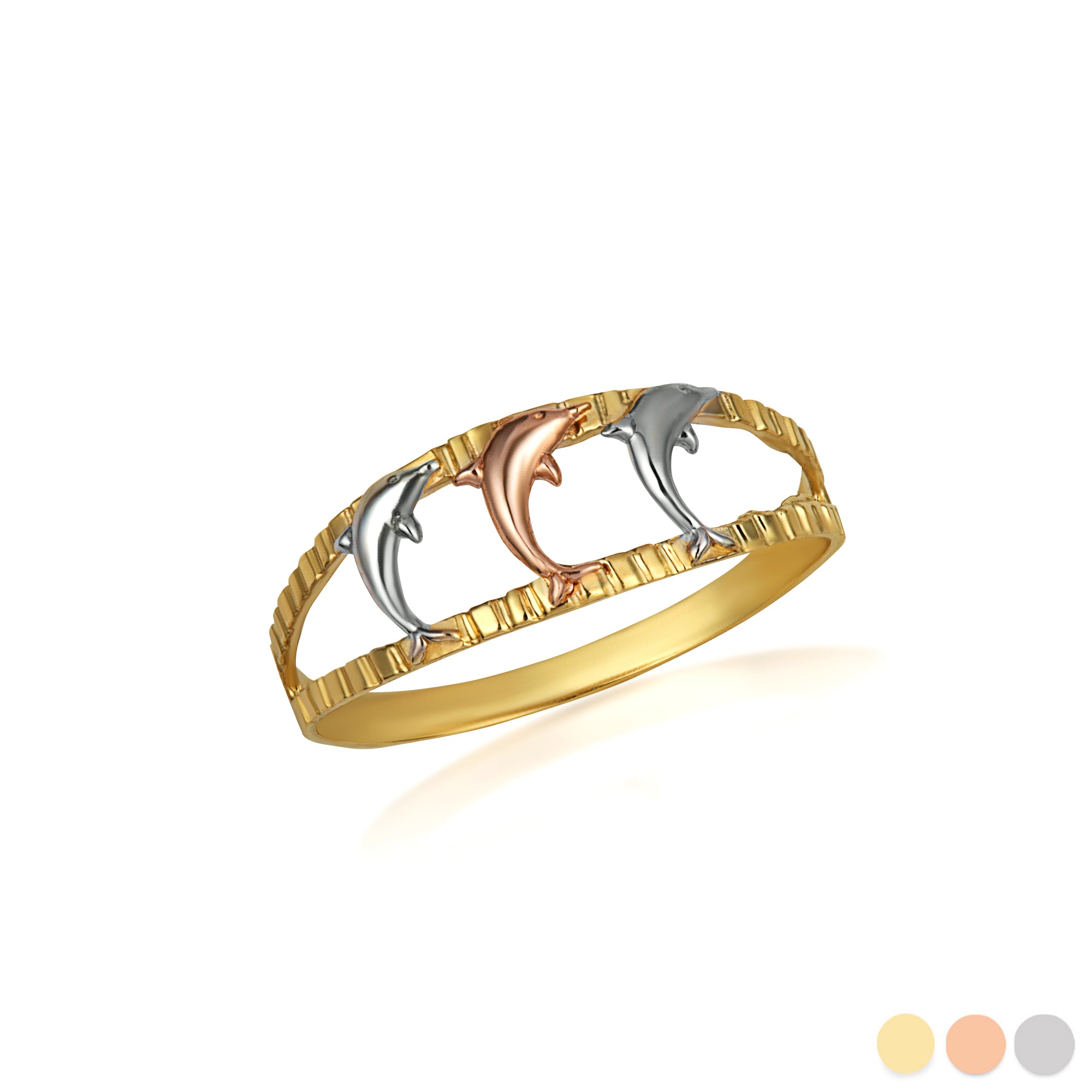 Tri-Color Gold Diamond Cut Dolphins Ring