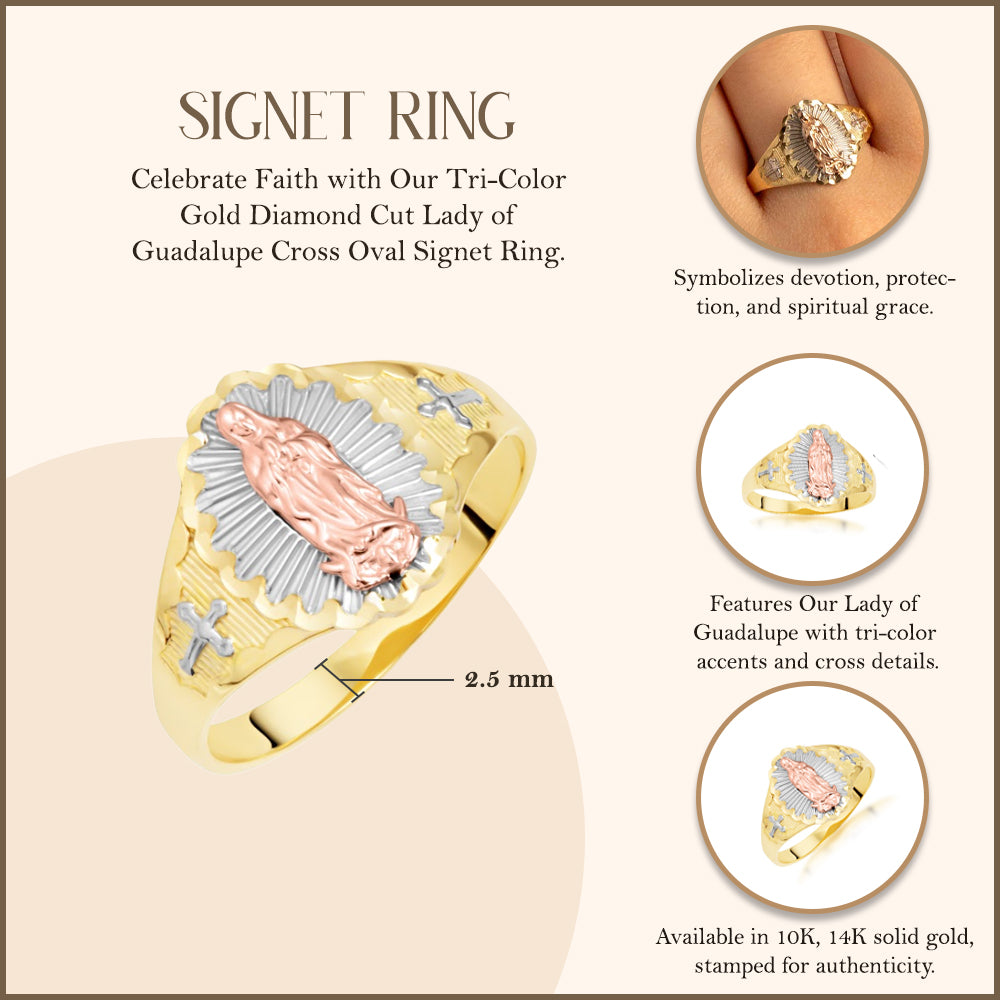 Tri-Color Gold Diamond Cut Our Lady of Guadalupe Cross Oval Signet Ring, view 3