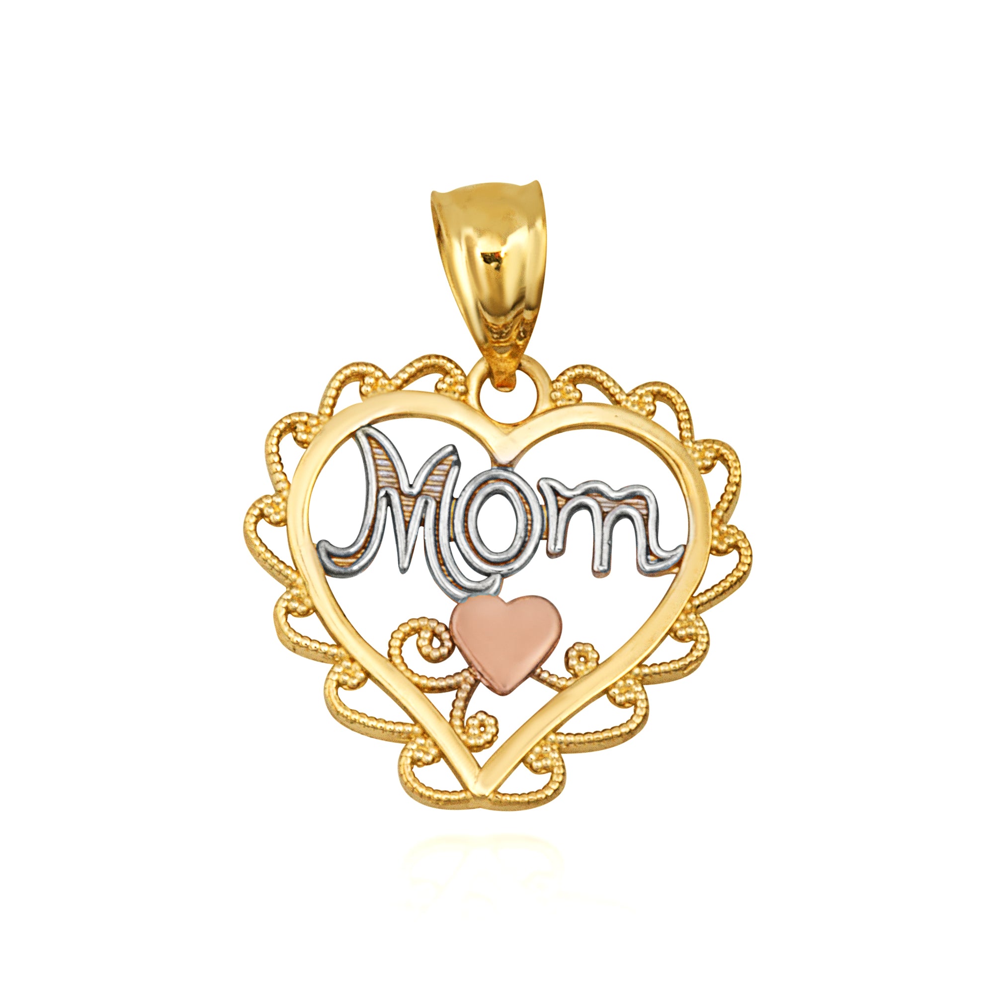 Tri-Color Gold Filigree Mom Heart Milgrain Pendant Necklace