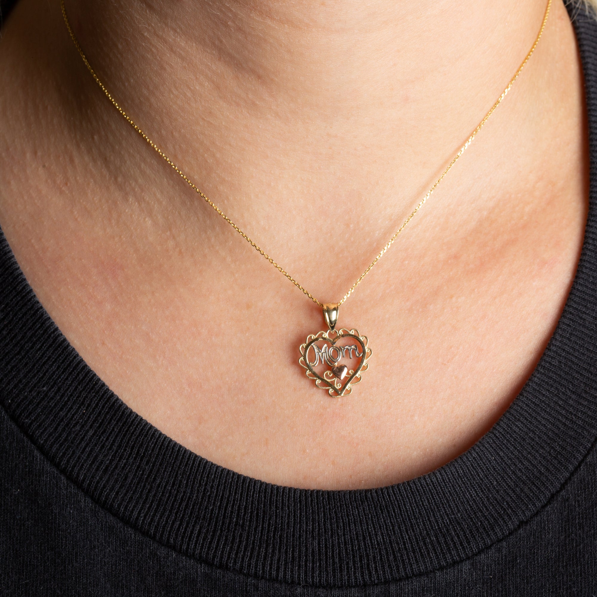 Tri-Color Gold Filigree Mom Heart Milgrain Pendant Necklace, view 2