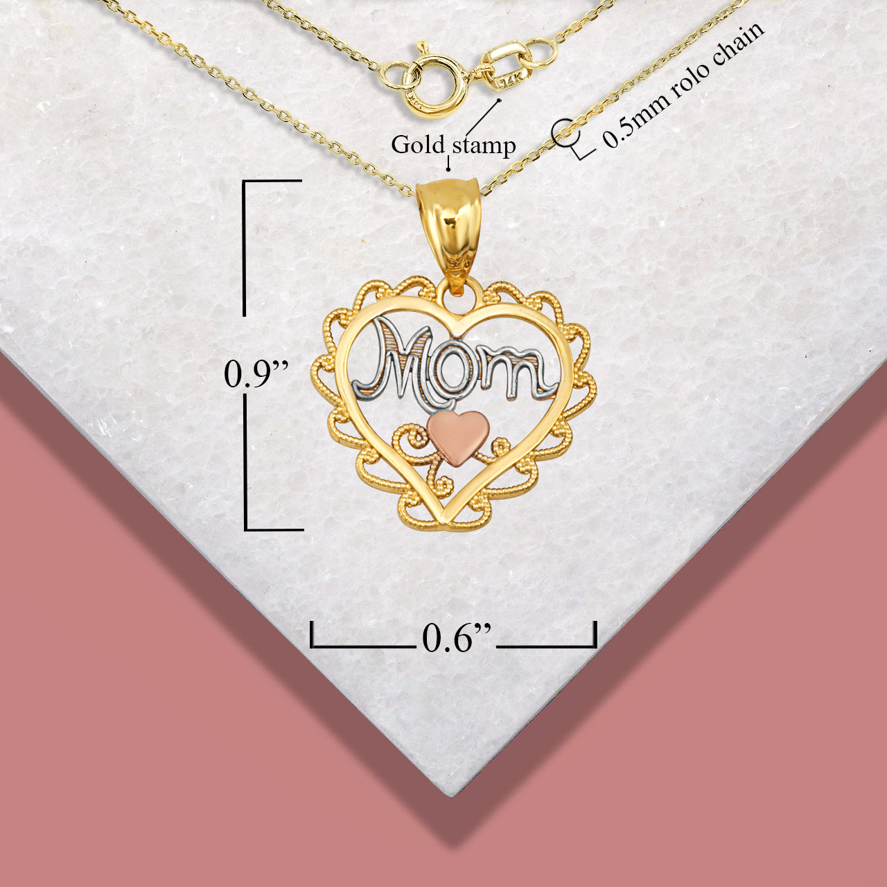 Tri-Color Gold Filigree Mom Heart Milgrain Pendant Necklace, view 3
