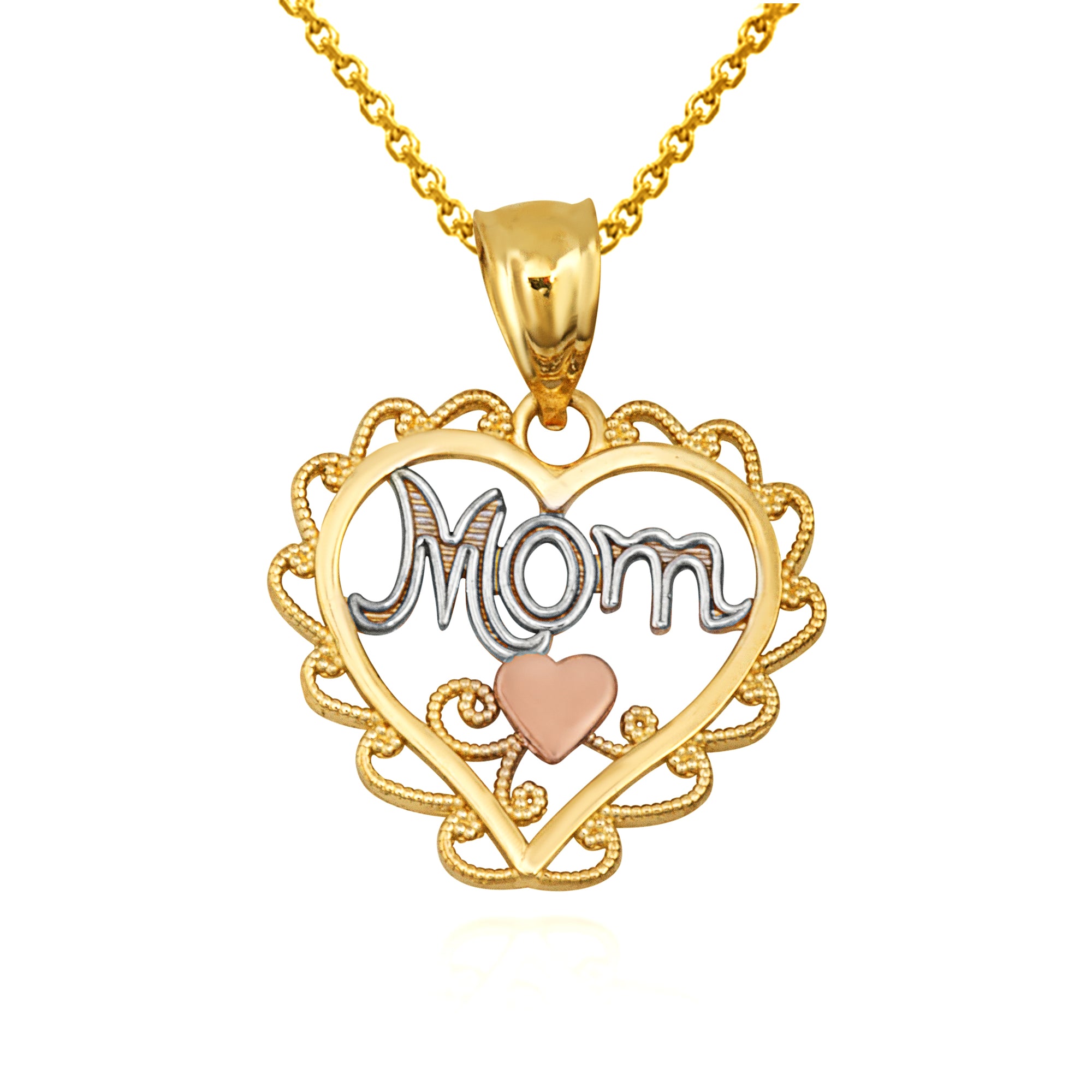 Tri-Color Gold Filigree Mom Heart Milgrain Pendant Necklace, view 4