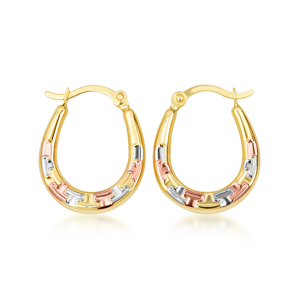 Tri-Color Gold Greek Key Hoop Earrings