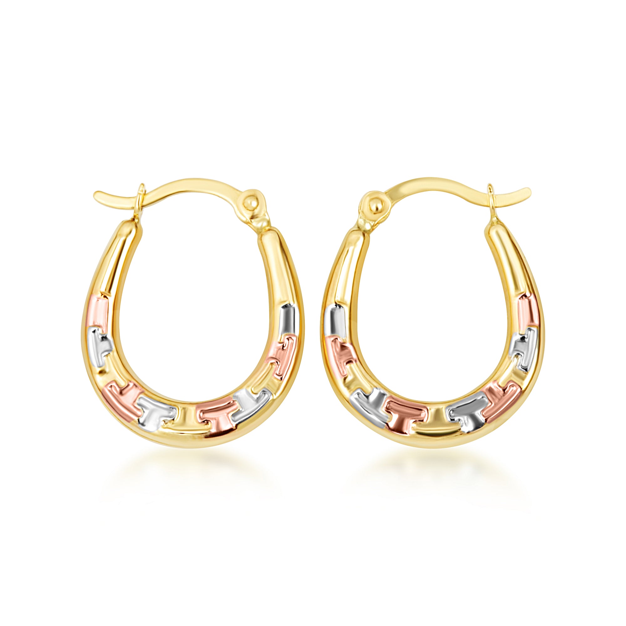 Tri-Color Gold Greek Key Hoop Earrings