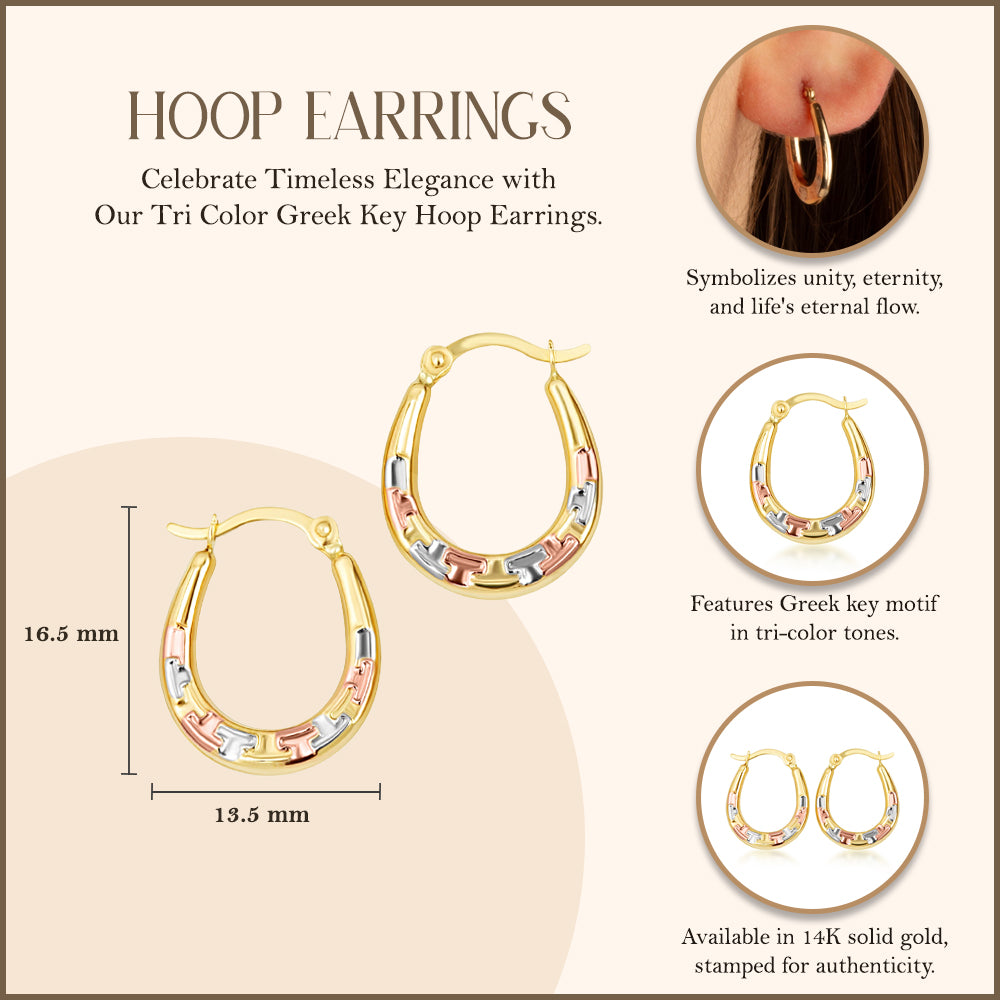 Tri-Color Gold Greek Key Hoop Earrings, view 3