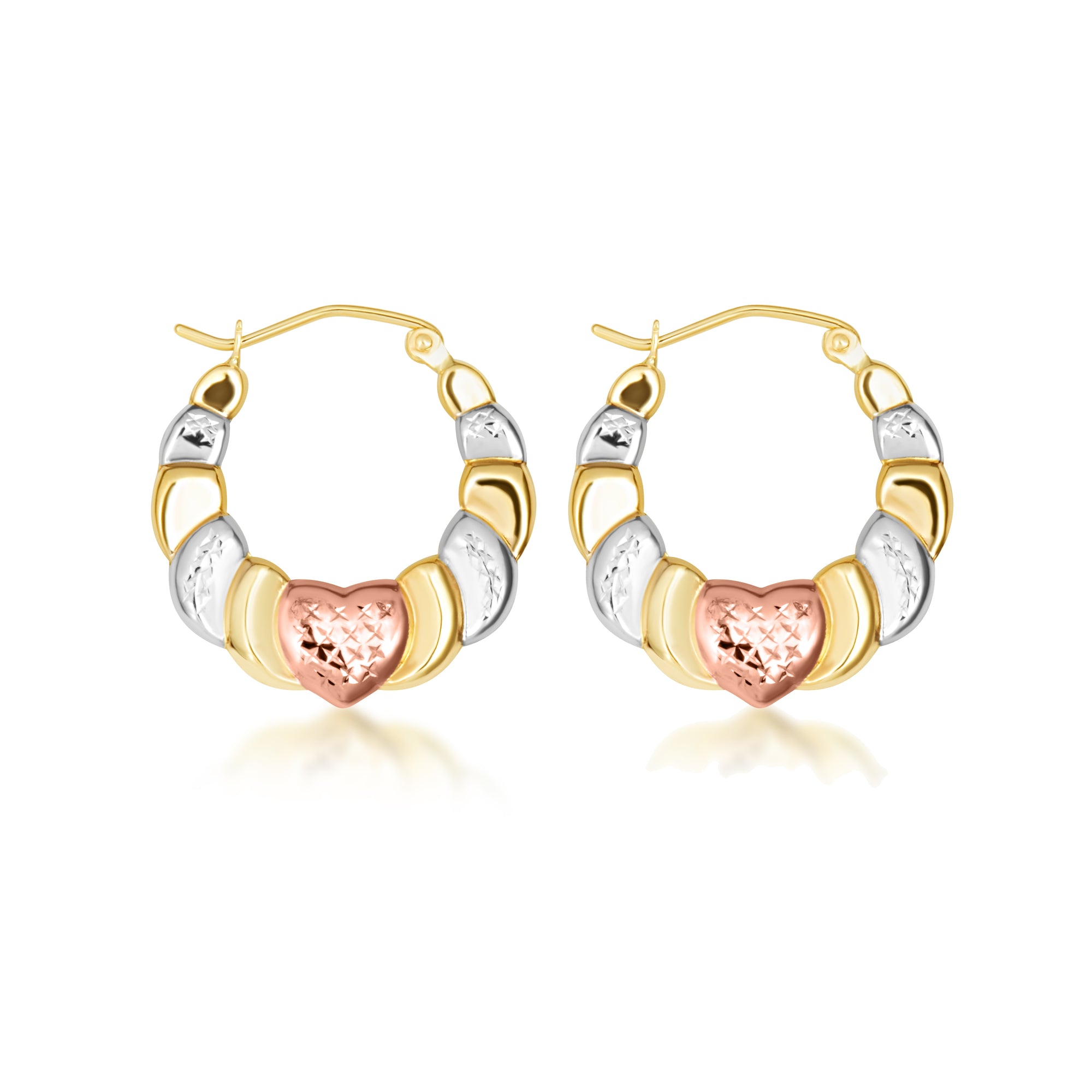 Tri-Color Gold Heart Hoop Earrings