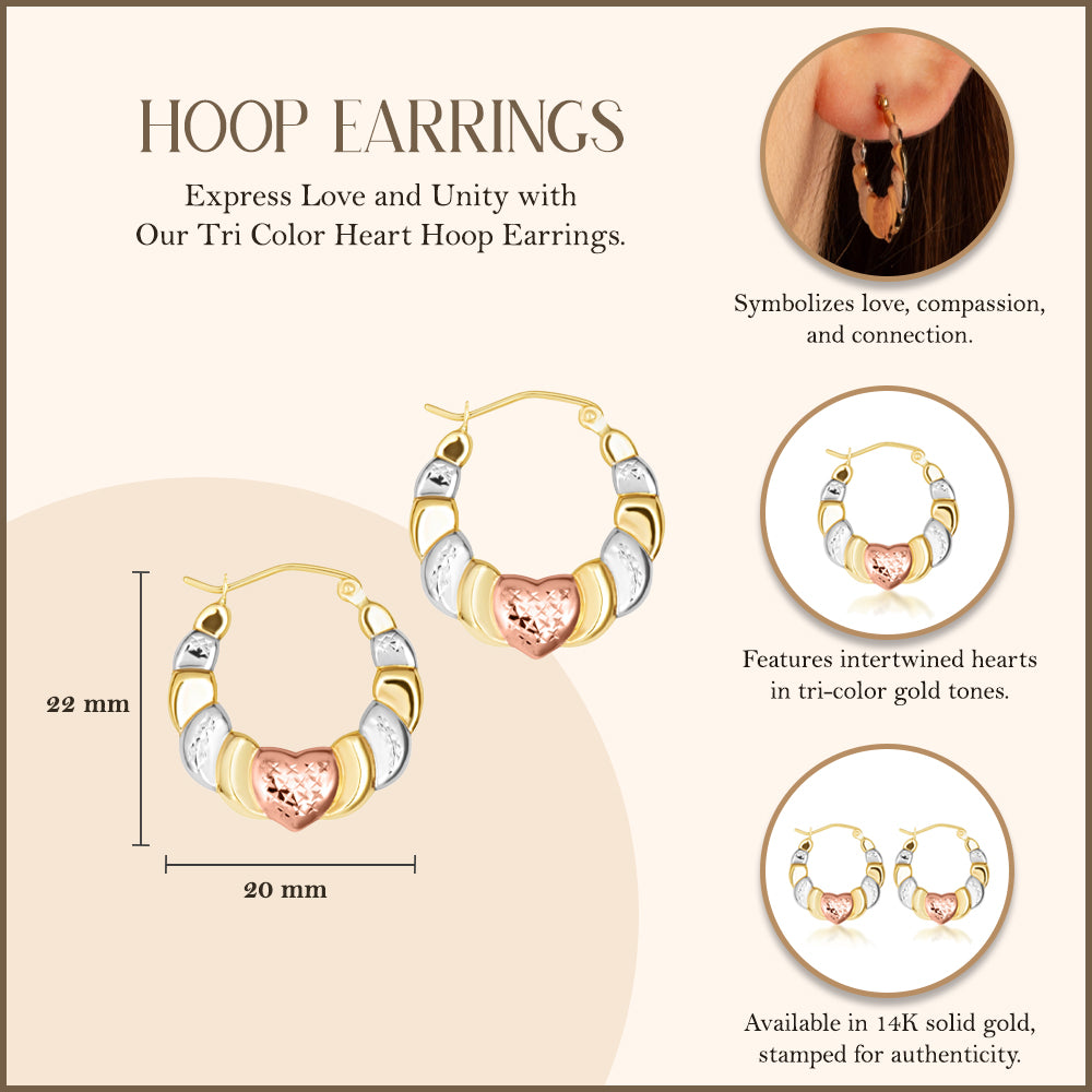 Tri-Color Gold Heart Hoop Earrings, view 3