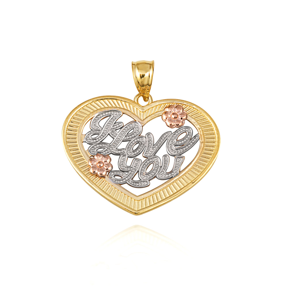 Tri-Color Gold Heart "I Love You" Flower Textured Pendant Necklace