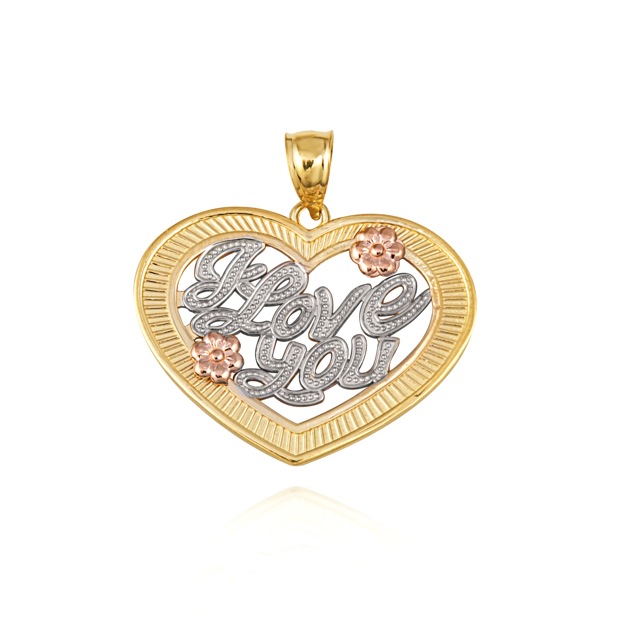Tri-Color Gold Heart "I Love You" Flower Textured Pendant Necklace