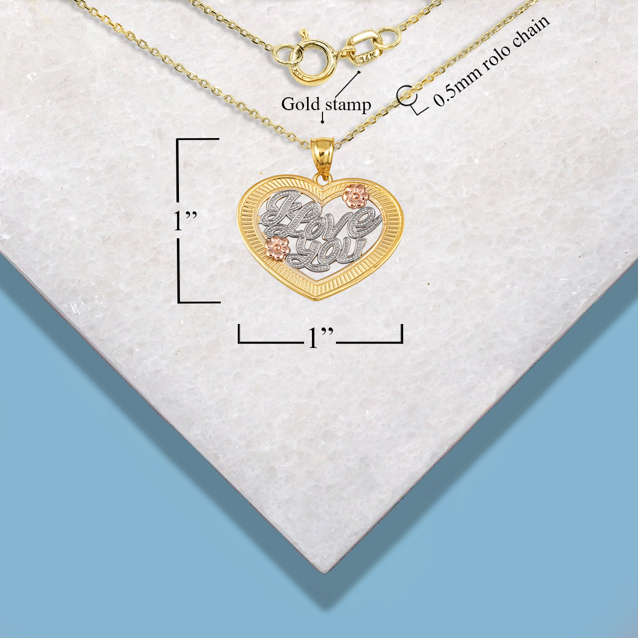 Tri-Color Gold Heart "I Love You" Flower Textured Pendant Necklace, view 3