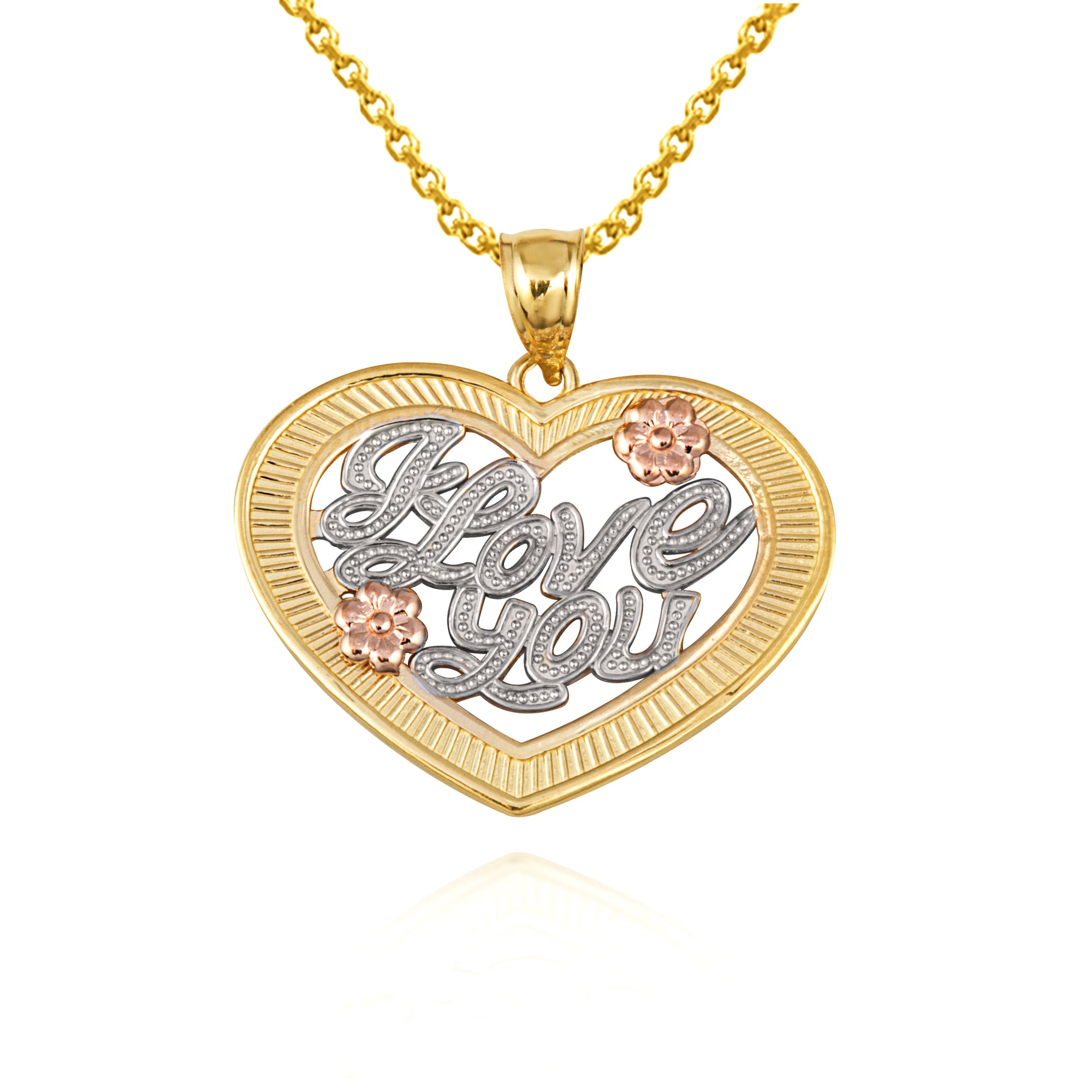 Tri-Color Gold Heart "I Love You" Flower Textured Pendant Necklace, view 4