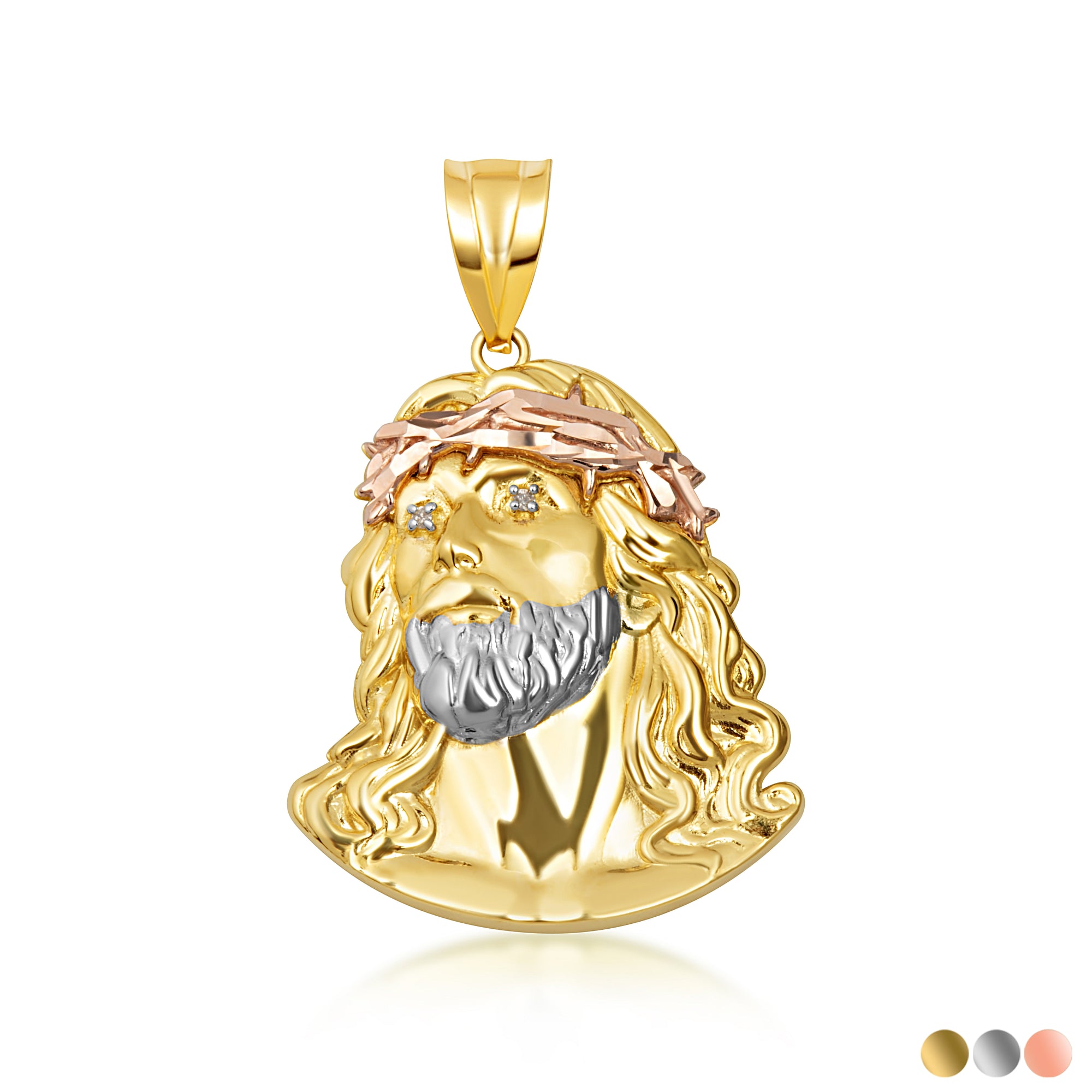 Tri-Color Gold Jesus Christ Face Diamond Cut CZ Pendant Necklace