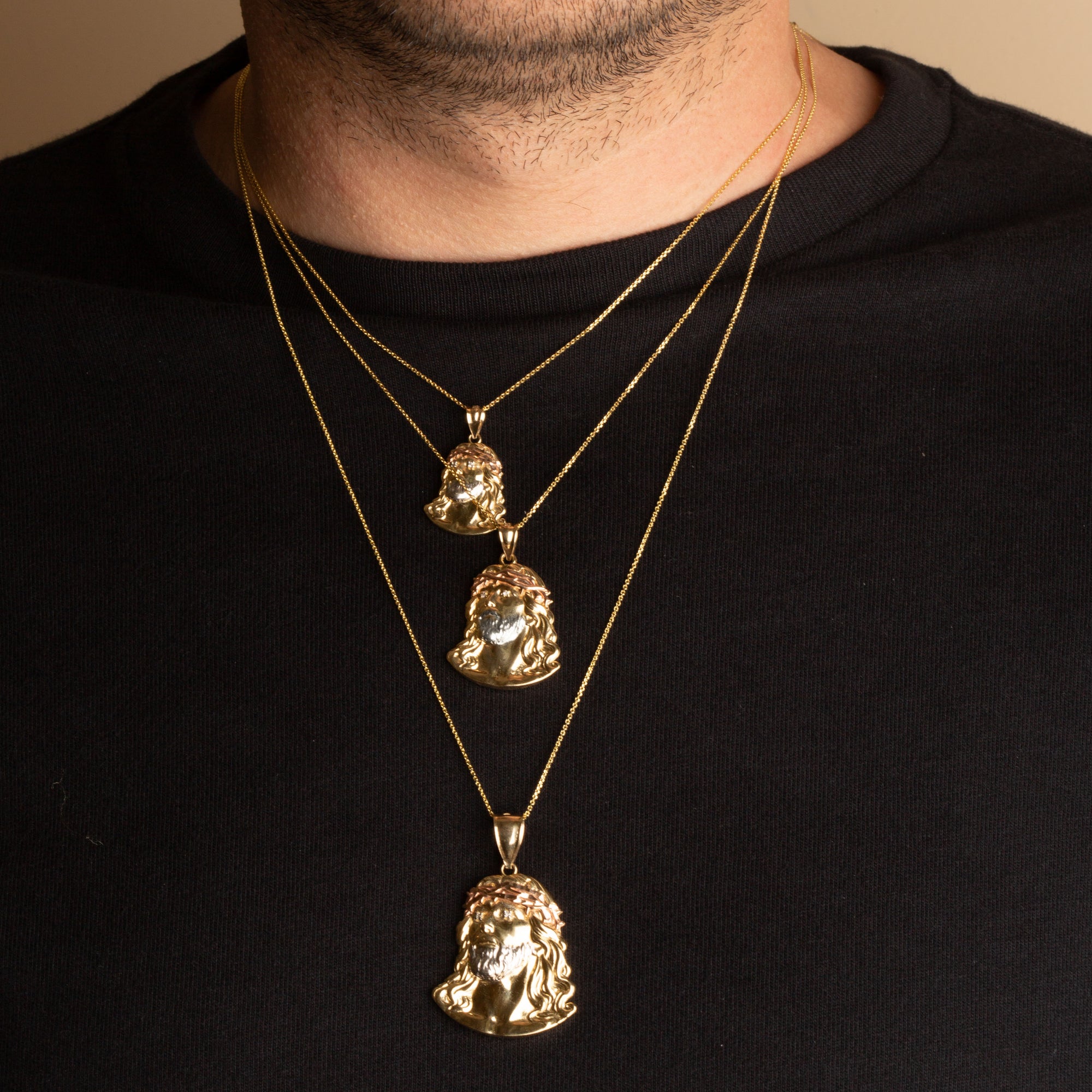 Tri-Color Gold Jesus Christ Face Diamond Cut CZ Pendant Necklace, view 2