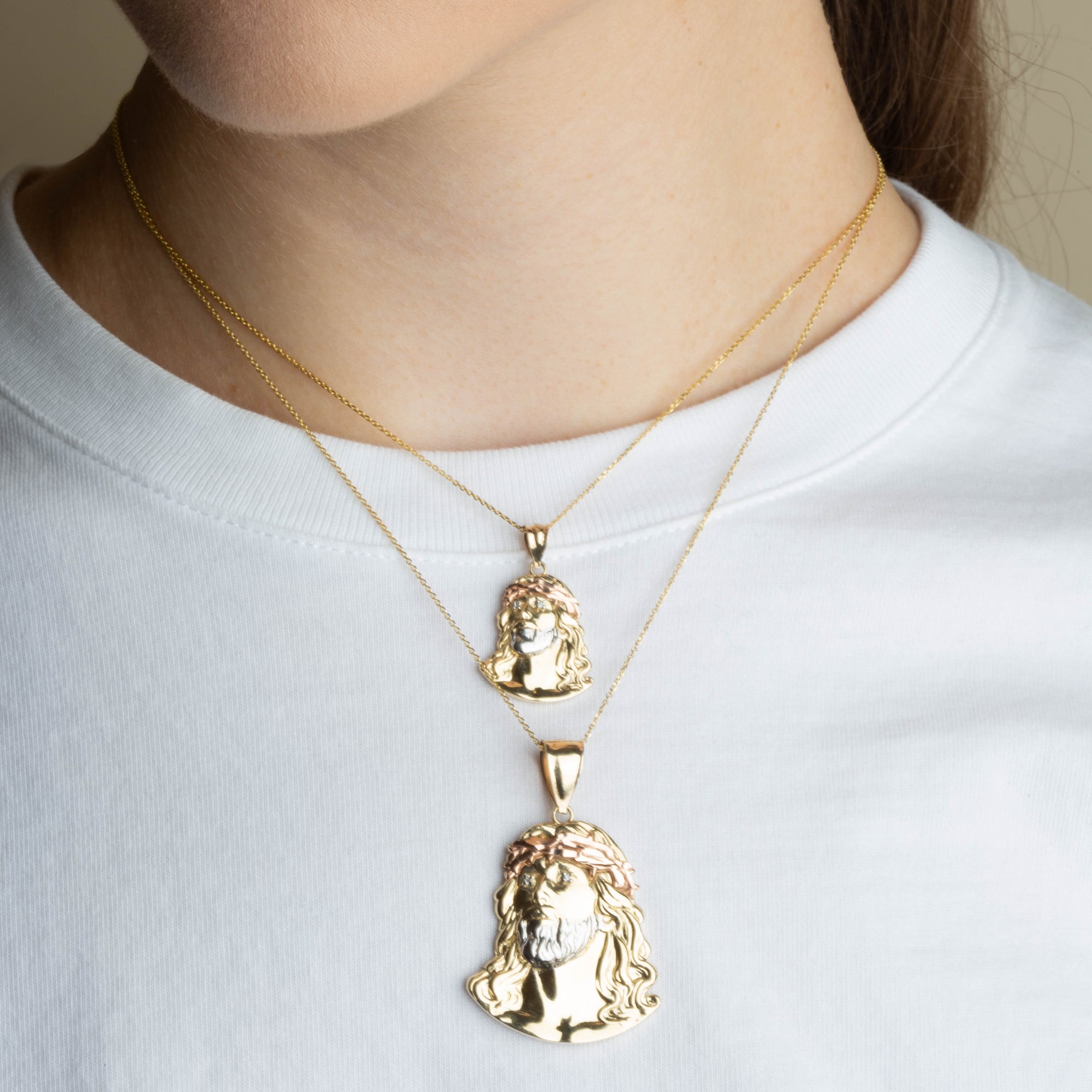 Tri-Color Gold Jesus Christ Face Diamond Cut CZ Pendant Necklace, view 3