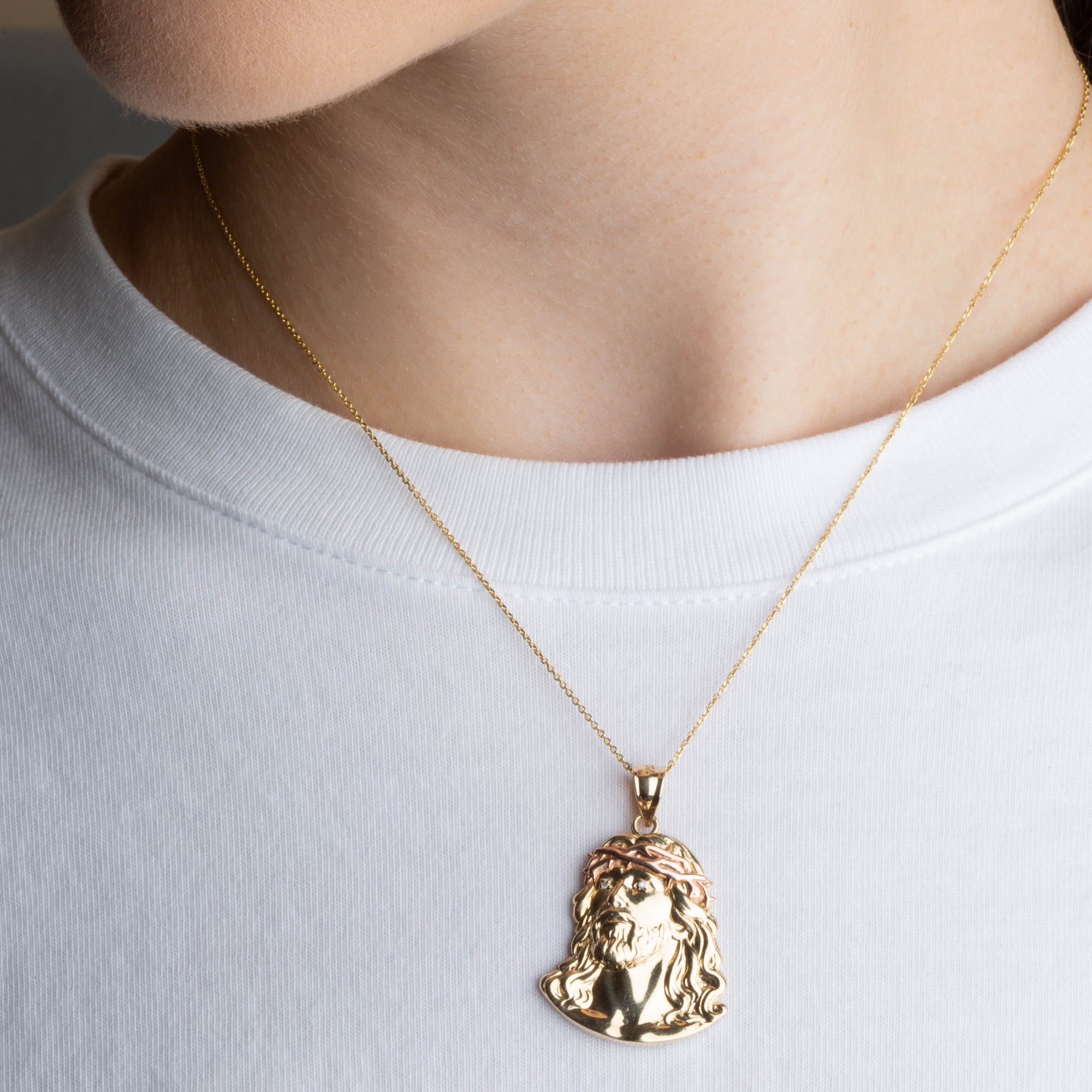 Tri-Color Gold Jesus Christ Face Diamond Cut CZ Pendant Necklace, view 4